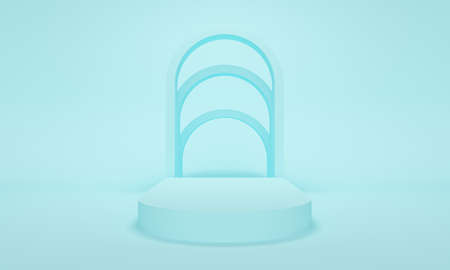 Podium for cosmetics with a row of arches on a blue background. 3d renderingの写真素材
