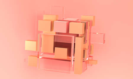 Abstract pink background with cube of glass and gold. 3d rendering