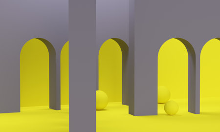 Gray arches and yellow spheres. 3d renderingの写真素材