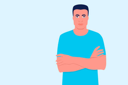 Portrait of a young man in a T-shirt with crossed arms on a blue background. Vector illustration