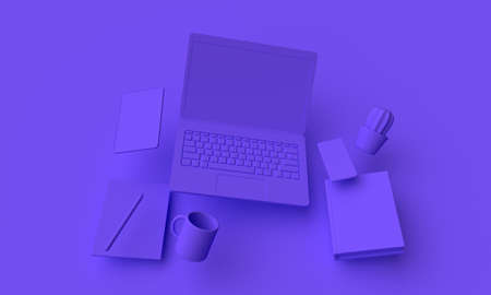 Workplace with flying laptop and tablet. E-learning concept. 3d renderingの写真素材