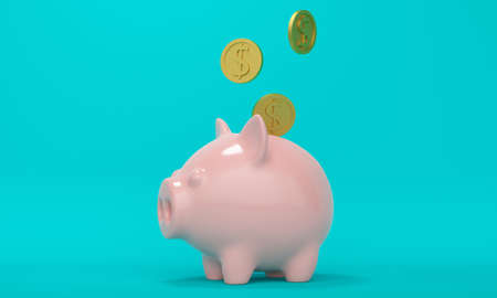 Pink piggy bank on blue background with falling gold coins. 3d rendering
