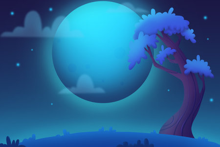 Landscape moon with clouds and tree. Digital illustration.の写真素材