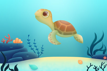 Landscape underwater ocean bottom with swimming turtle. Digital illustration.の写真素材