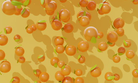 Oranges falling on a yellow background. 3d renderingの写真素材