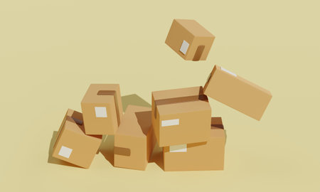 Minimalist cardboard boxes falling on each other. 3d renderingの写真素材