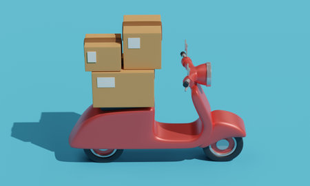 A red scooter loaded with boxes for delivery. 3d renderingの写真素材