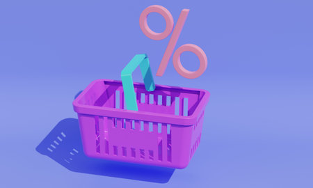 Shopping basket with a percentage sign. 3d rendering