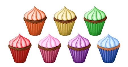 Isolated illustration colorful cupcakes. Muffins rainbow clipart. For decoration, greeting card, poster, scrapbooking, print, fabric.の写真素材
