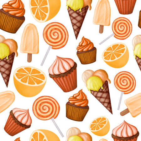 Seamless orange sweets pattern. Endless candy illustration. For decoration, paper, poster, fabric, textile, wallpaper, wrapping, scrapbooking, print.の写真素材