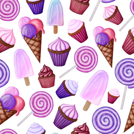 Seamless pattern illustration with pink and purple desserts - cupcakes, ice cream, lollypop, ice pop. Can be used for decorations, scrapbooking, textile, wrapping, craft, DIY, wallpaper, background.の写真素材