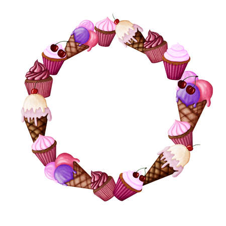 Isolated round cherry sweets frame. Decoration candy clipart. For banners, postcard, greeting card, valentine's day, birthday, wallpaper, DIY, print, paperの写真素材
