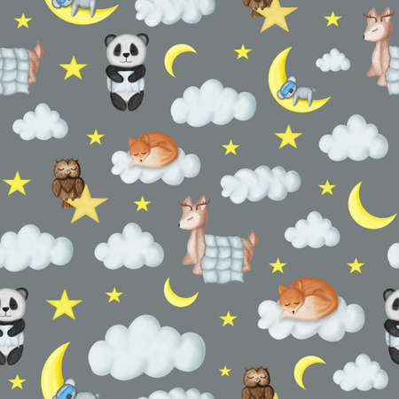 Seamless pattern with sleeping baby animals - cute deer, panda, koala fox and owl. Can be used for nursery room, wallpaper print, baby clothers print and other.の写真素材