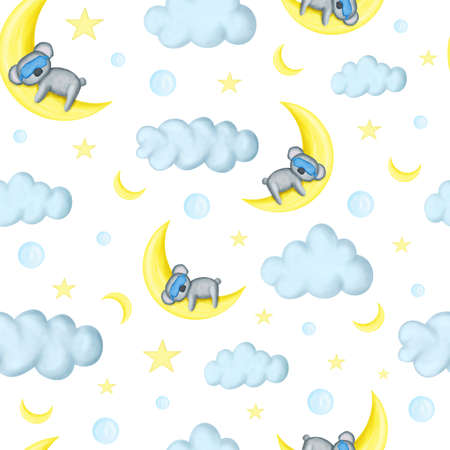 Seamless pattern with baby koala with mask. Clipart pattern for nursery room, baby clothers, baby shower, wallpapers, wrapping, textile and fabric.の写真素材