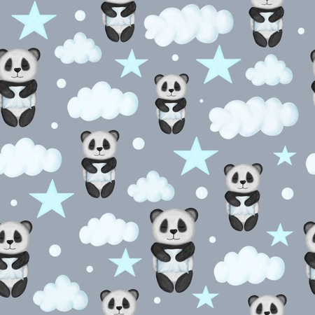 Seamless pattern with baby panda with pillow. Clipart pattern for nursery room, baby clothers, baby shower, wallpapers, wrapping, textile and fabric.の写真素材