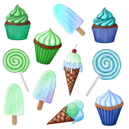 Isolated sweets set illustration clipart. Green and blue candy - ice cream, ice pops, lollipop, cupcakes, muffin. Decoration for greeting cards, boy birthday, posters, prints, paper, DIYの写真素材
