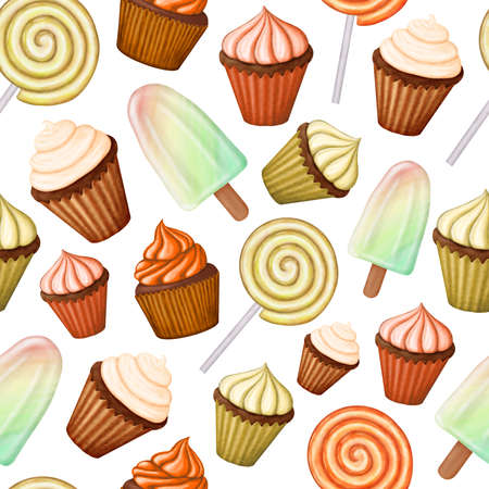 Seamless pattern illustration with orange and yellow desserts - cupcakes, ice cream, lollypop, ice pop. Can be used for decorations, scrapbooking, textile, wrapping, craft, DIY, wallpaper, background.の写真素材