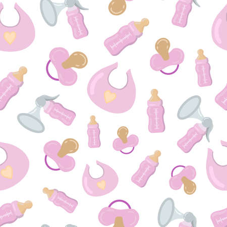 Vector seamless pattern with simlpe pink baby care objects - rattle, bottle for milk, soother, bib.のイラスト素材