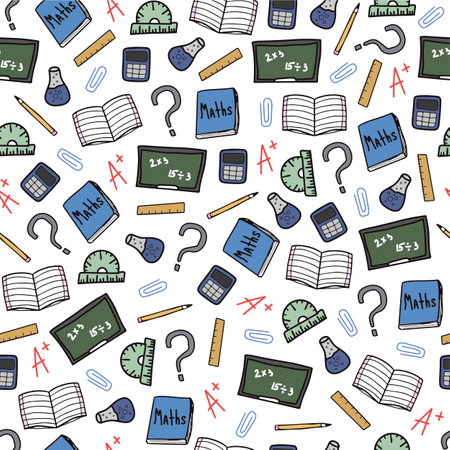 Back to school doodle math vector seamless pattern Studying elements. Start of the school year. For wallpaper, fabric, posters, paper, craft , background.のイラスト素材