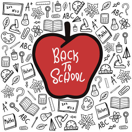 Back to school doodle black vector elements with red apple clipart. Studying elements. Start of the school year. For post card, posters, decoration, banners.のイラスト素材