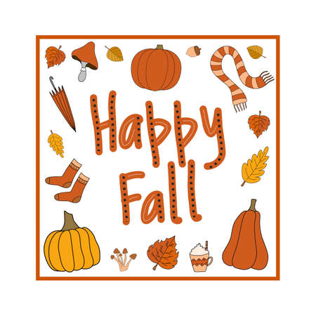 Happy fall autumn vector clipart with square frame and isolated elementsのイラスト素材
