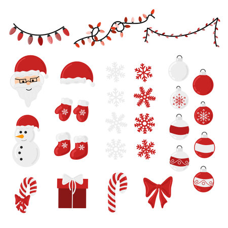 Christmas vector holiday decoration bandle red elements collection - santa, snowman, snowflakes, gif box, candy canes, christmas balls, lightning garlandのイラスト素材