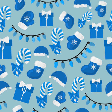 Christmas holiday vector seamless pattern colorful background. Santa, candy cane, snowflakes ornament. For printing on textile, wrapping paper, scrapbook.のイラスト素材