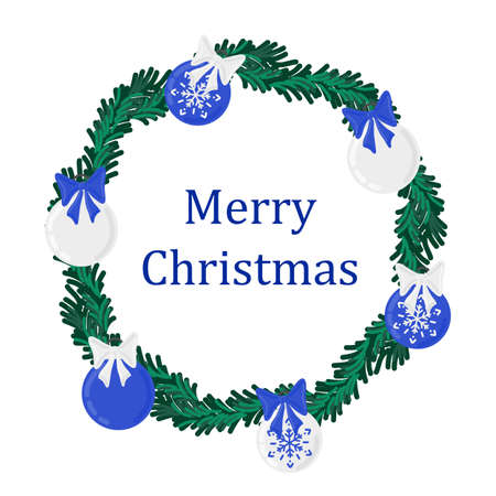 Christmas holiday round wreath frame with evergreen and blue christmas balls. Holiday promote poster or greeting card.のイラスト素材