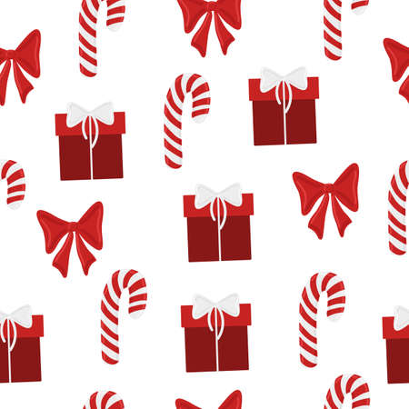 Christmas holiday vector seamless pattern red color. Holiday background with gift box, red bow and candy cane.のイラスト素材