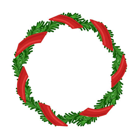 Christmas holiday vector round wreath frame with evergreen and red ribbon. Holiday poster and greeting card elementのイラスト素材