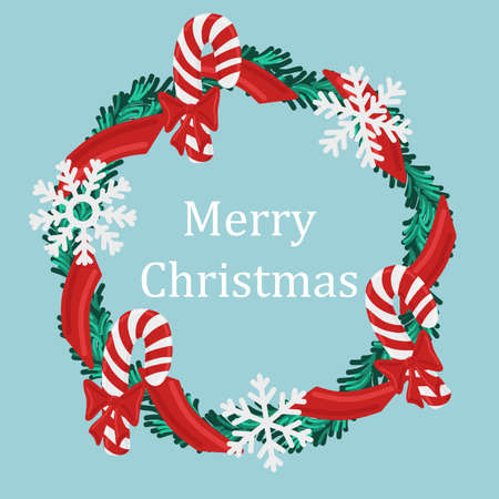Christmas holiday round wreath frame with candy cane and snowflakes. Holiday promote poster or greeting card.のイラスト素材