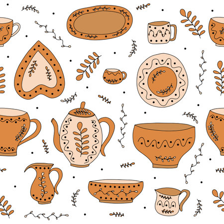 Vector illustration seamless pattern with colorful ceramic kitchenware. Ceramic kitchen items - cups, plates, bowls, vases, kettle, dish.のイラスト素材