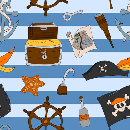 Vector colorful pirate seamless pattern with nautical theme. Fun pirate background with colorful elementsのイラスト素材