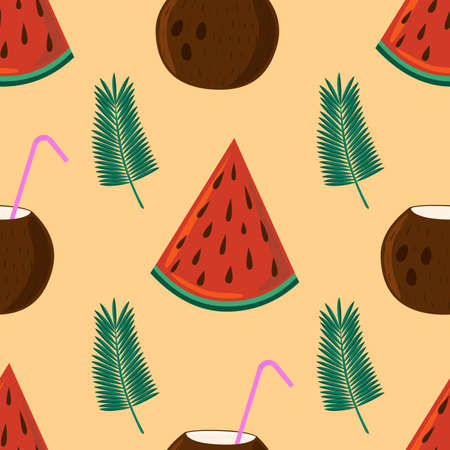Exotic coconut and watermelon vector seamless pattern. Summertime beach relaxing background....