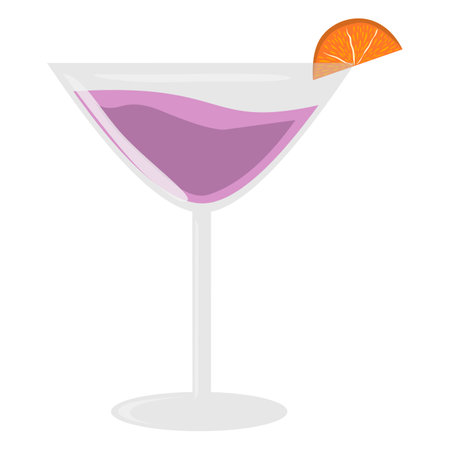 Cocktail with orange slice vector isolated illustration. Transparent glass with purple drink. Summertime party element.のイラスト素材