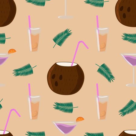 Exotic coconut and cocktail vector seamless pattern. Summertime beach relaxing background. Wallpaper, backdrop and fabric print.のイラスト素材