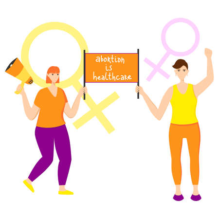 Women protest with placard vector flat illustration. Feminism fights for women rights. Women protesting against abortion law. Girl power. Lettering phrases about abortion law.のイラスト素材