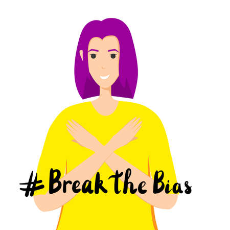 Women's movement against discrimination vector illustration clipart. Break the bias slogan. Crossed arms and lettering phrase. International women's day.のイラスト素材