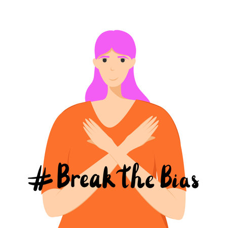 Women's movement against discrimination vector illustration clipart. Break the bias slogan. Crossed arms and lettering phrase. International women's day.のイラスト素材