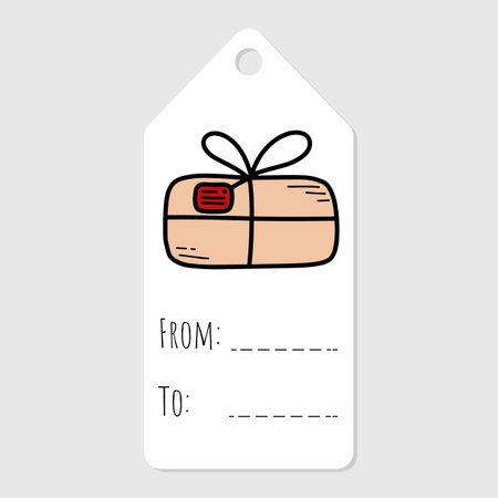 Christmas cute gift tag with doodle vector illustration. Printable tag for presents and gift boxes. Merry christmas and new year tag. Paper cut illustrationのイラスト素材