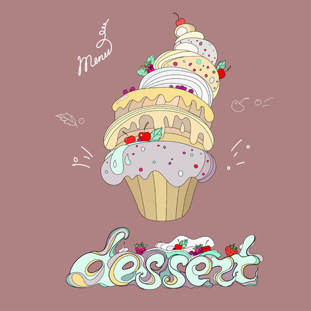 Illustration of fantastic cakes with dessert menu inscription covered with cream on pink backgroundのイラスト素材