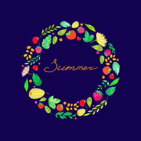 lettering in the frame of Summer berries , leaves and branches on a dark blue backgroundのイラスト素材