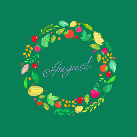 illustration depicting the inscriptions August in frame of the berries, leaves and branches on a cobalt backgroundのイラスト素材