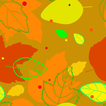 pattern with the image of silhouettes and contours red, orange, yellow, green, autumn leaves and berries on the ocher backgroundのイラスト素材