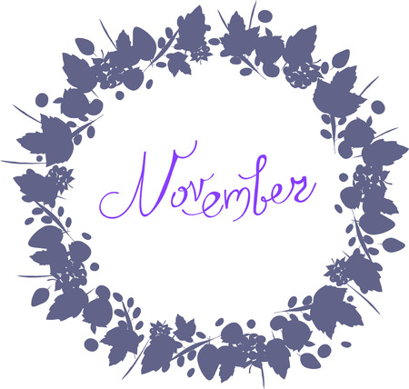 "November lettering in a frame of leaves, autumn elements and templates gray blue color on white background. Hipster background. Autumn template."のイラスト素材