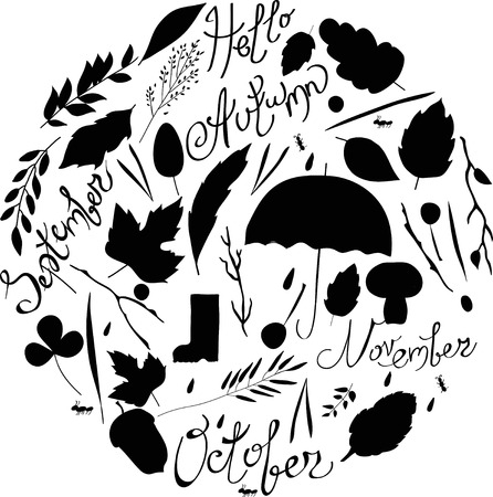 Set of autumn items. black and white silhouettes. illustration of leaves, branches, rain, autumn characters. inscriptions September, October, Novemberのイラスト素材