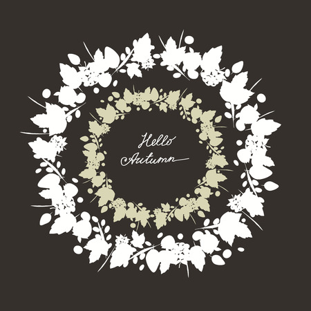 double frame made from leaves, twigs, berries and autumn elements, white silhouette on a dark gray background. Hello Autumn inscriptionのイラスト素材