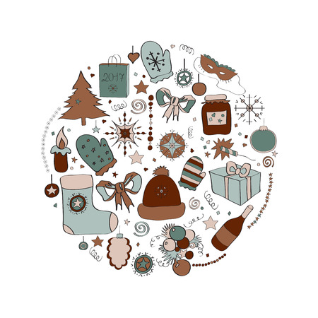 Vector illustration Set of Christmas symbols and individual elements for holiday cards, posters, invitations. gray and brown shadesのイラスト素材