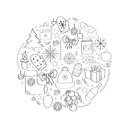 Vector illustration Set of Christmas symbols and individual elements for holiday cards, posters, invitations. black-and-white line circuitのイラスト素材