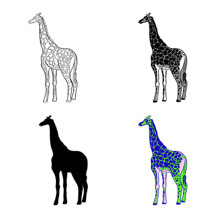 Vector illustration of an image of a giraffe. Black and white line, black silhouette, black and white and gray spot. Multicolored illustration.のイラスト素材